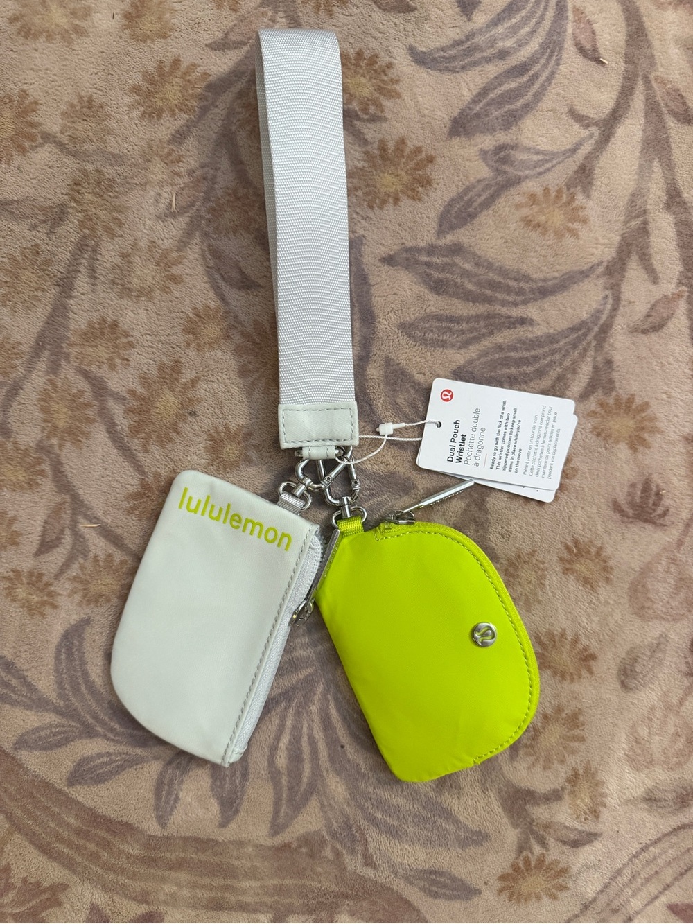 lululemon athletica White and Neon Yellow Double Wristlet Key Pouch